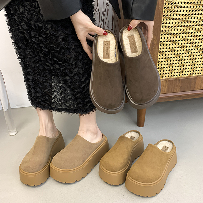 松糕厚底包头加绒棉拖鞋女秋冬外穿复古软皮百搭小个子增高毛毛