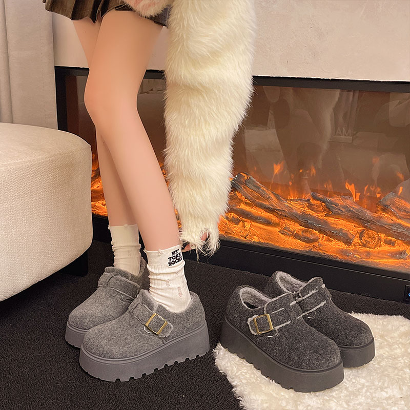 厚底毛呢勃肯鞋女冬加绒2025新款一脚蹬乐福棉鞋小个子百搭松糕鞋