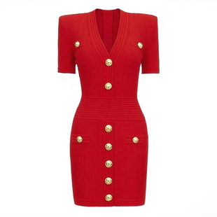 名媛必R的高版本 气质短款 经典V领针织短裙铆钉扣短袖连衣裙