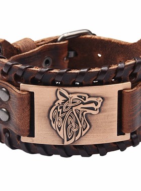 休闲维京风狼头手链男女均可