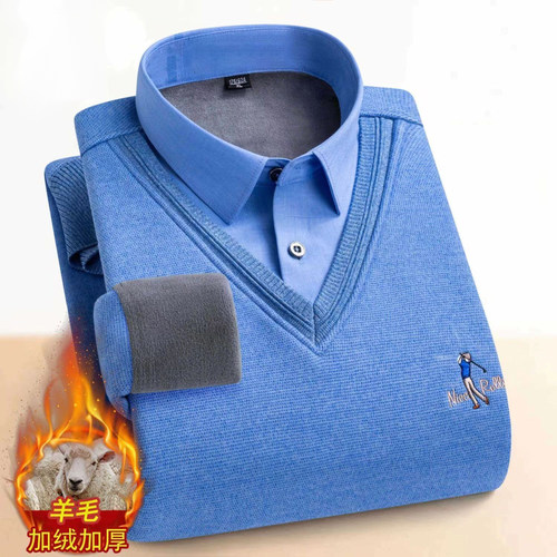 含绵羊毛假两件针织衫衬衫领男士