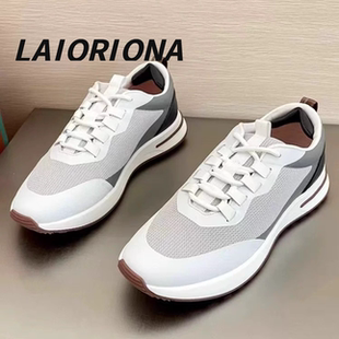 LOPQPLAHA}lP男鞋休闲系带慢跑鞋飞织透气牛皮拼接单鞋舒适潮鞋
