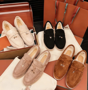 冬款加绒LR懒人一脚蹬毛毛套脚鞋真皮白底平跟乐福鞋男女款豆豆鞋