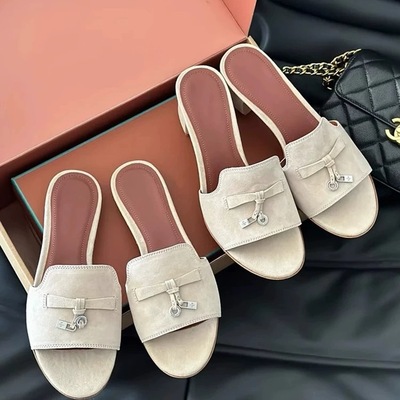 L流苏一字拖鞋女2025新款真皮平底复古懒人露趾休闲百搭外穿凉拖