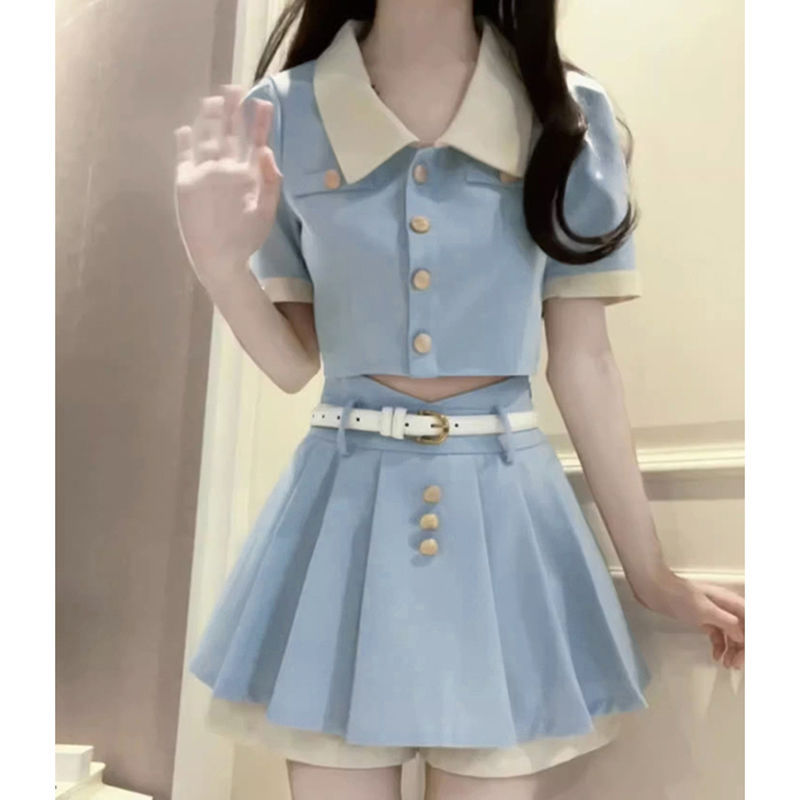 法式甜辣妹小香风短款翻领衬衫女夏季高腰显瘦时尚百搭裙裤两件套
