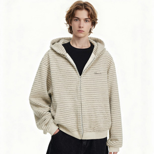 秋冬款重磅美式潮牌撞色条纹开衫连帽卫衣男拉链外套宽松百搭帽