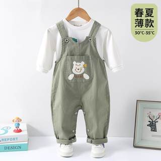 【精品】宝宝背带裤夏季薄款纯棉按扣开裆男童一岁儿童女男宝婴儿