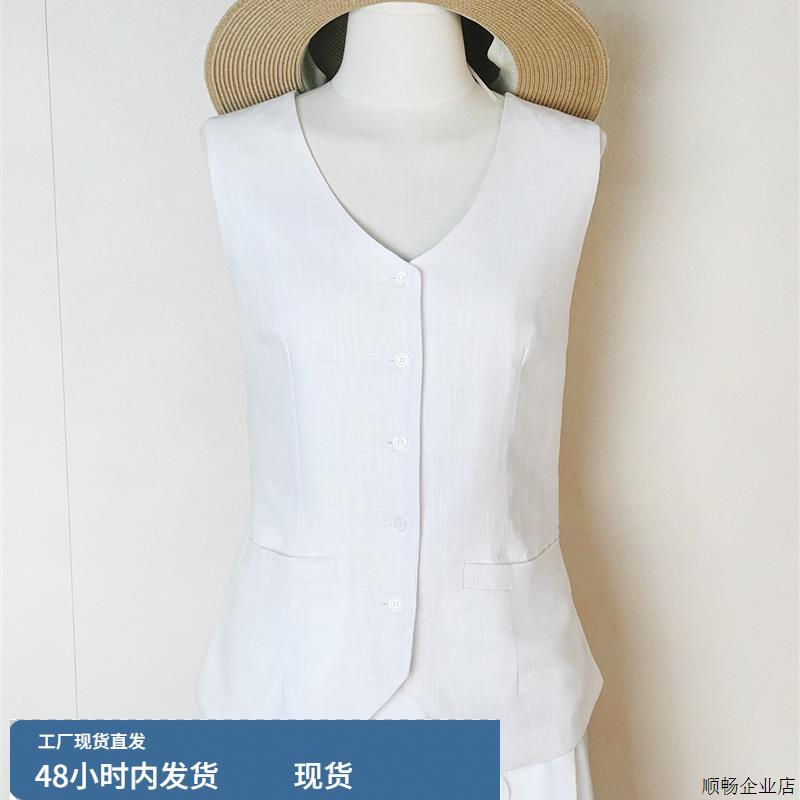 夏季新款高级感时尚气质后背绑带V领无袖亚麻马甲上衣女