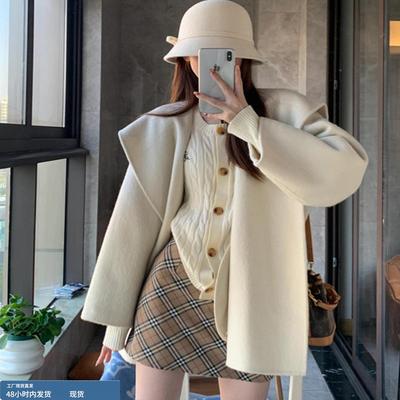 白色双面羊绒大衣女小个子2025秋冬新款高级感韩系短款羊毛呢外套