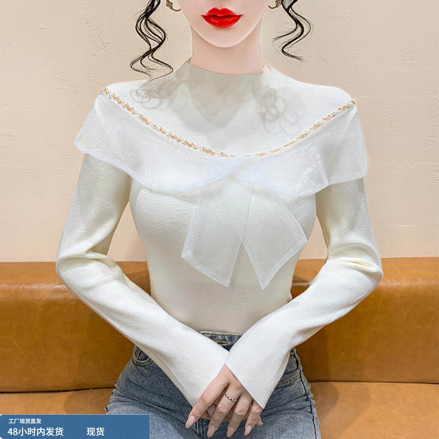 女装秋冬新款韩网钉珠纱荷叶边蝴蝶结气质百搭显瘦针织衫上衣