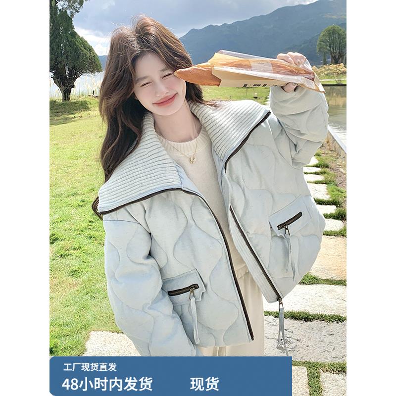 蓝色大翻领羽绒服女2025冬季新款时尚甜美保暖小个子白鸭绒短外套