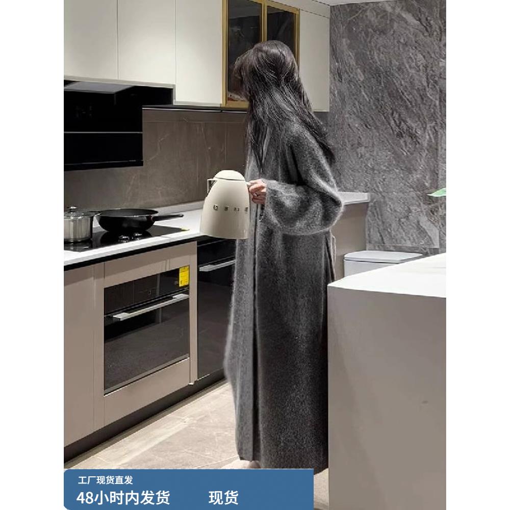 灰色高级感水貂绒针织开衫女秋冬软糯慵懒毛衣外套中长款过膝大衣