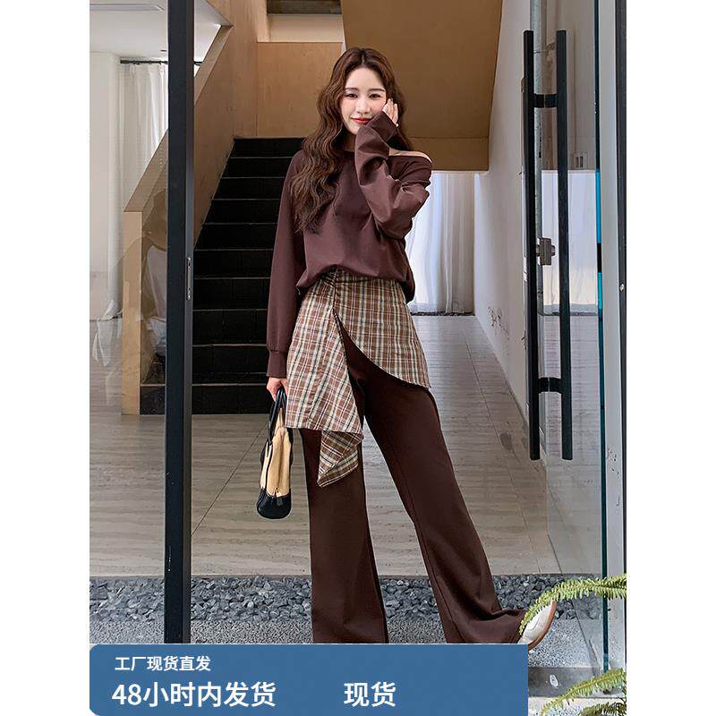 咖色斜肩卫衣直筒裤两件套女春秋2025穿搭韩风chic独特超好看套装