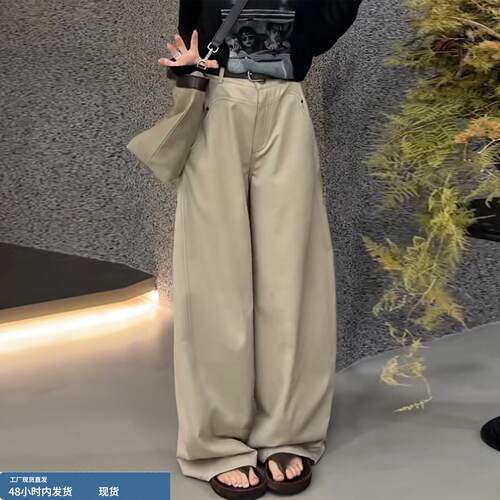 慵懒松弛感卡其色弯刀休闲裤女2026夏季薄款小个子显瘦宽松阔腿裤