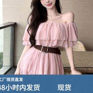 法式纯欲名媛风一字领露肩荷叶边收腰洋装女减龄洋派短裙子夏