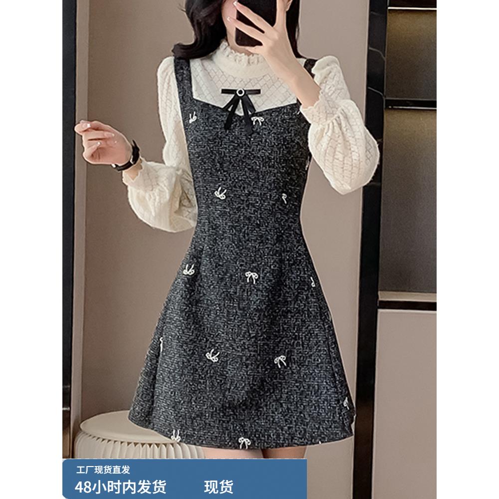 小香风蕾丝拼接假两件长袖连衣裙女2025新款秋季重要场合绝美裙子