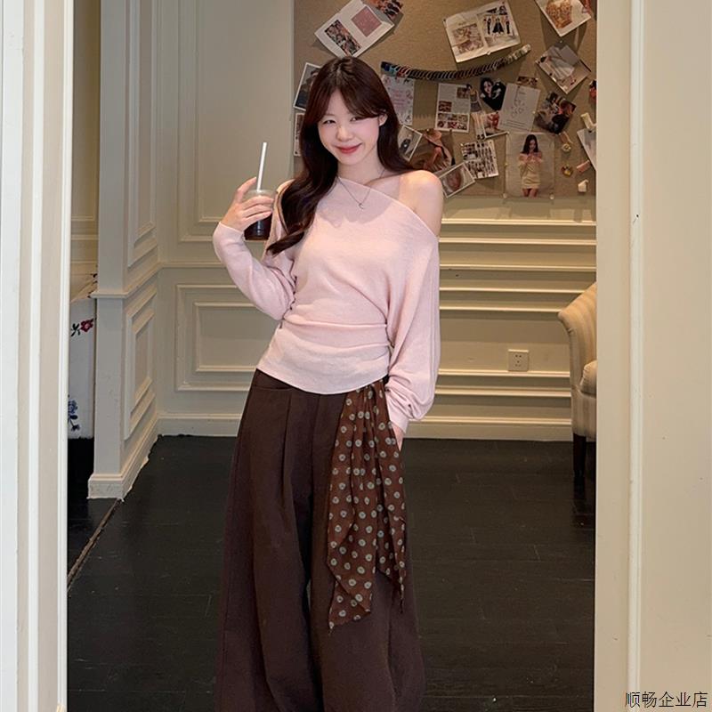 甜美奶乖软妹风套装女早秋季微胖一整套ootd穿搭毛衣休闲裤两件套
