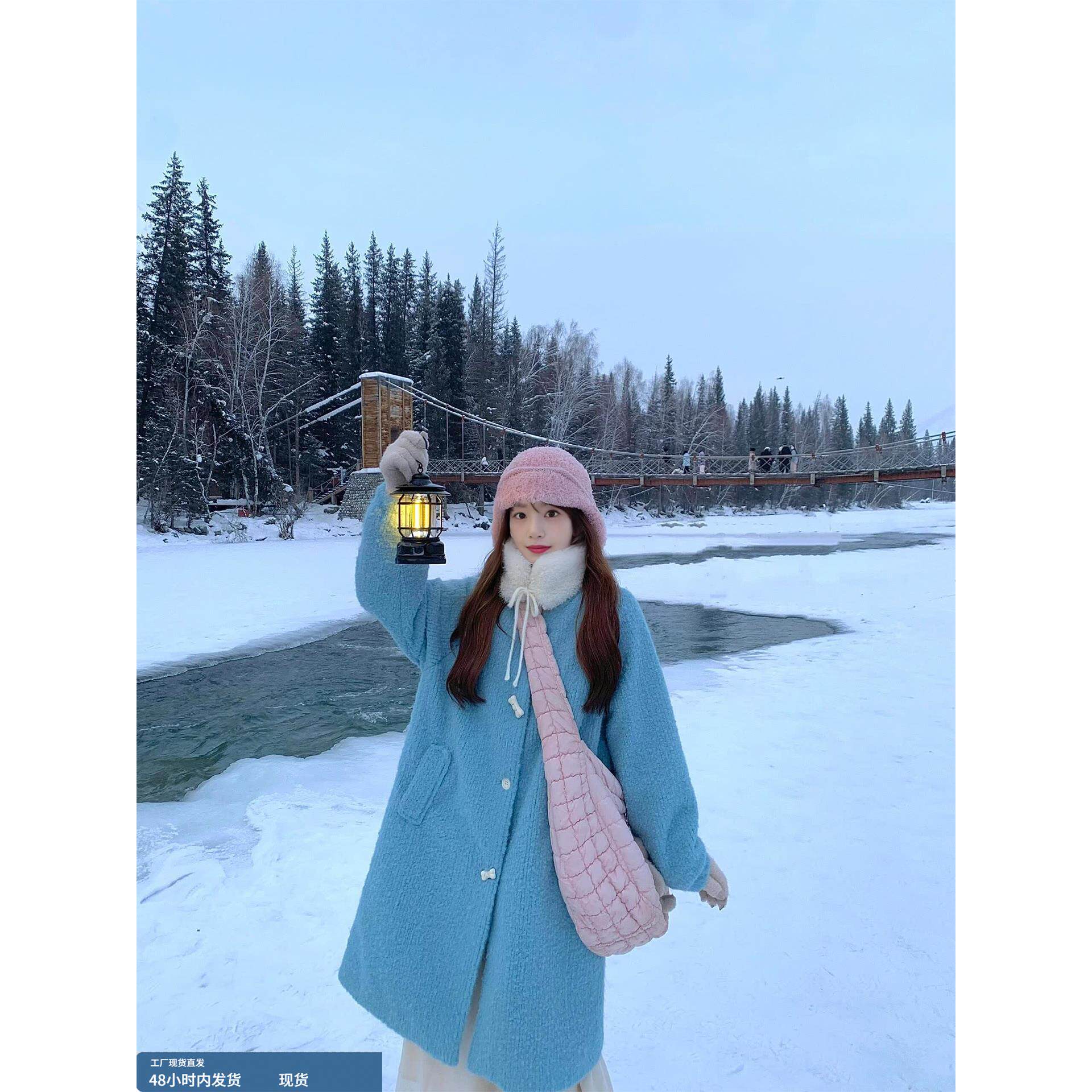 韩系甜美温柔风蓝色毛呢外套女2025秋季中长款羊羔毛开衫呢子大衣