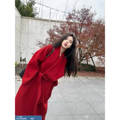 红色双面羊绒大衣女2025春秋新款中长款赫本风结婚新娘羊毛呢外套