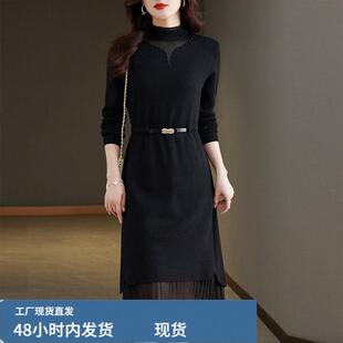 黑色连衣裙秋冬季2025新款收腰显瘦配大衣内搭长款打底芼衣裙冬款