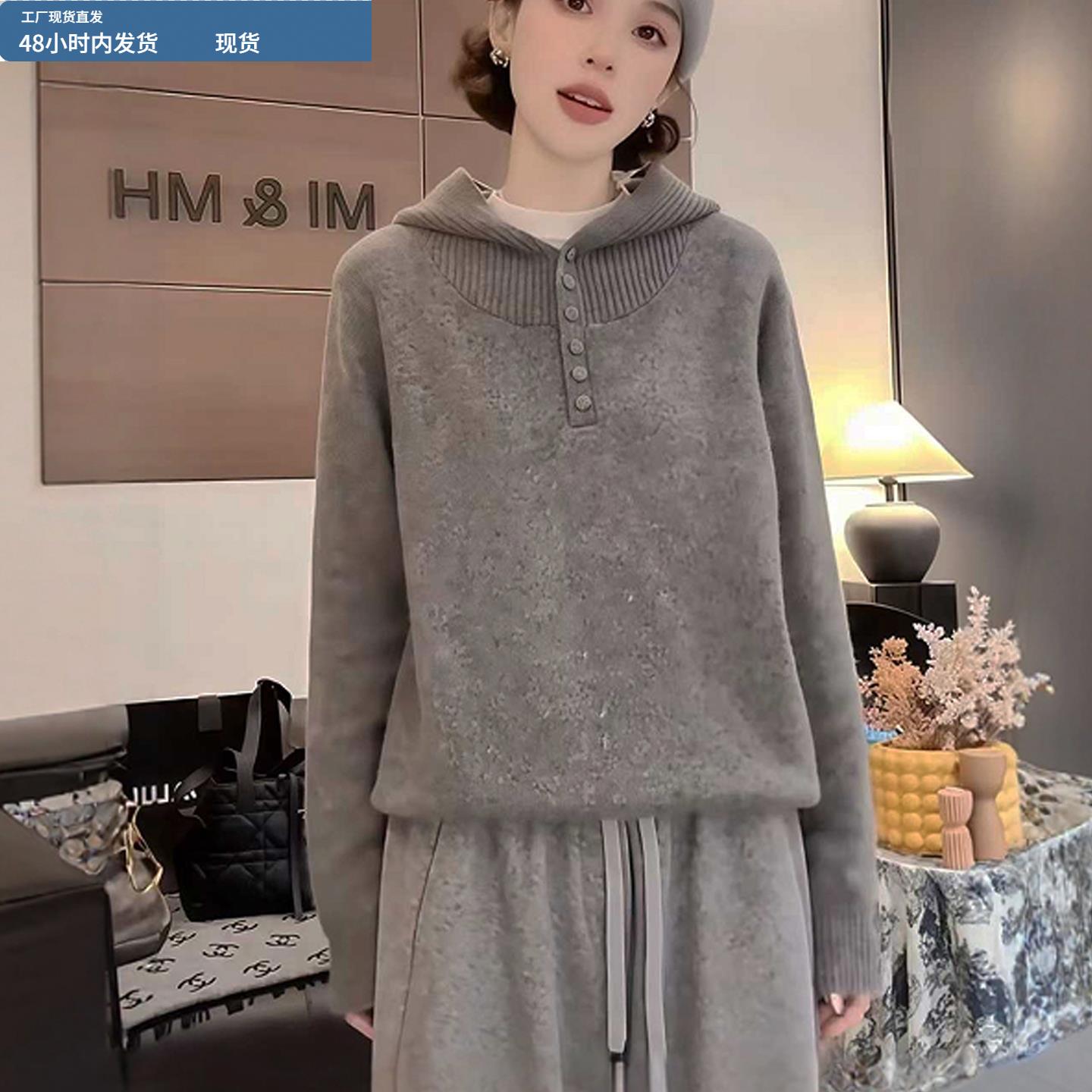 灰色连帽打底毛衣女款2025新款秋冬季爆款慵懒高级感针织衫上衣女