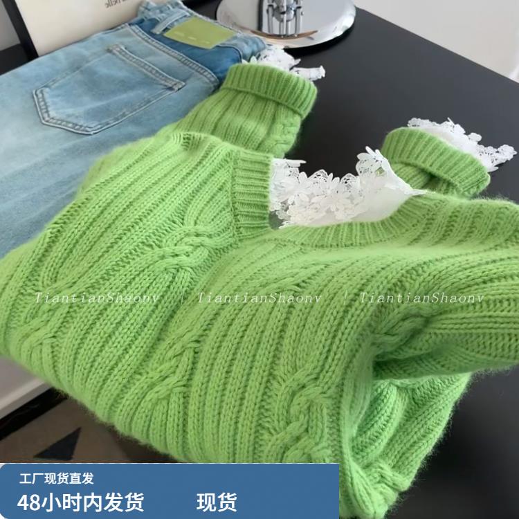 自留款推荐~绿色麻花圆领套头针织衫女冬季新款清新显瘦百搭毛衣