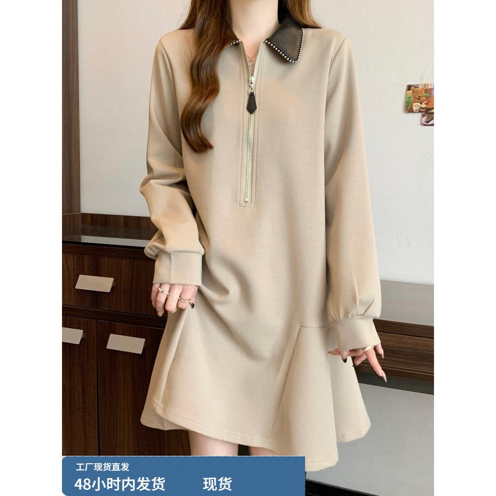 polo领宽松直筒连衣裙2025秋季新款大码胖mm显瘦遮肚半拉炼卫衣裙