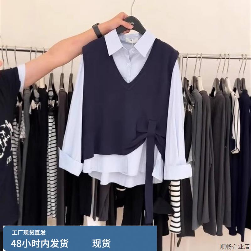 韩系polo领绑带马甲衬衫女秋季设计感休闲显瘦拼接长袖上衣两件套
