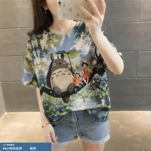 夏季女士薄款卡通印花半袖针织短袖t恤女2026新款慵懒风宽松上衣
