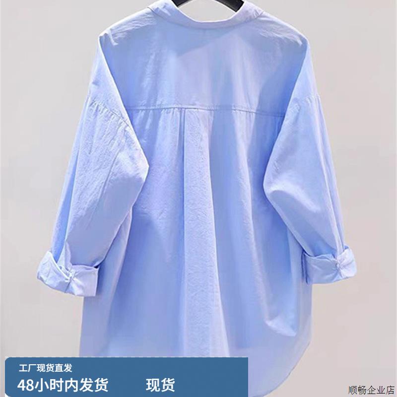浅蓝色翻领长袖衬衫女春秋欧货设计感小清新单口袋宽松衬衣上衣