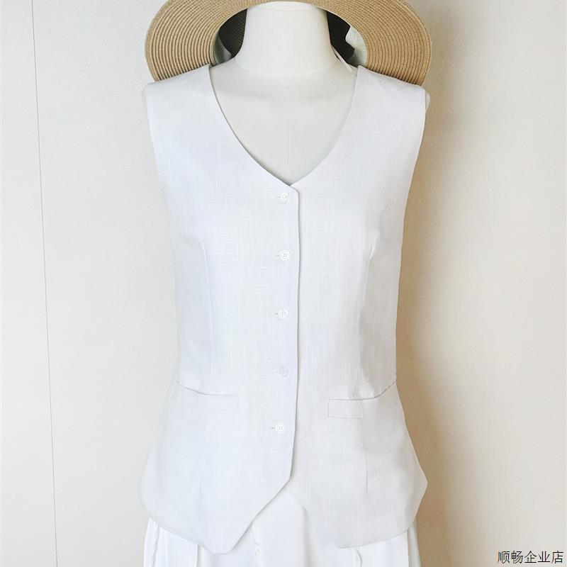 夏季新款高级感时尚气质后背绑带V领无袖亚麻马甲上衣女