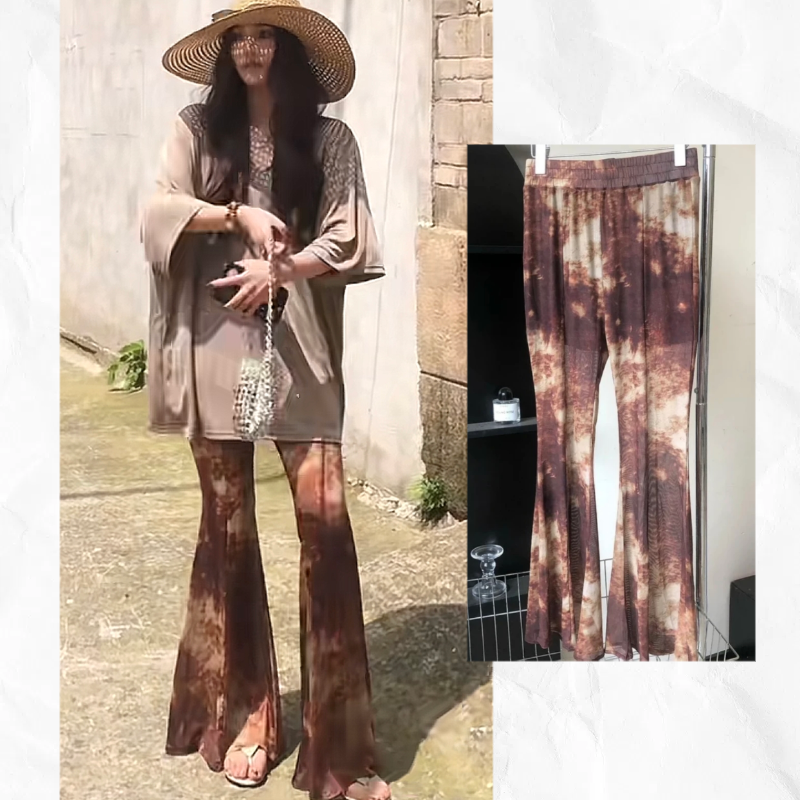 2025夏季新款时尚百搭显瘦休闲裤设计感小众宽松印花喇叭裤