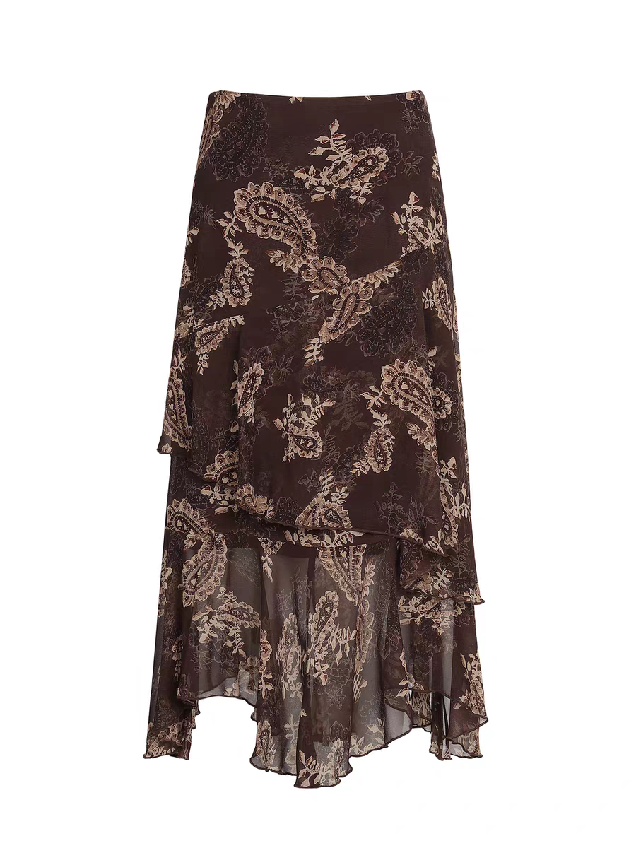 2026轻薄雪纺印花半身裙浪漫波嬉风复古不规则多层荷叶边裙子春夏