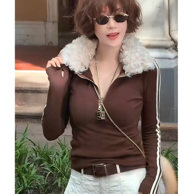 欧洲恋人可拆卸翻领毛毛领T恤上衣拉链长袖打底衫女秋冬内搭时尚