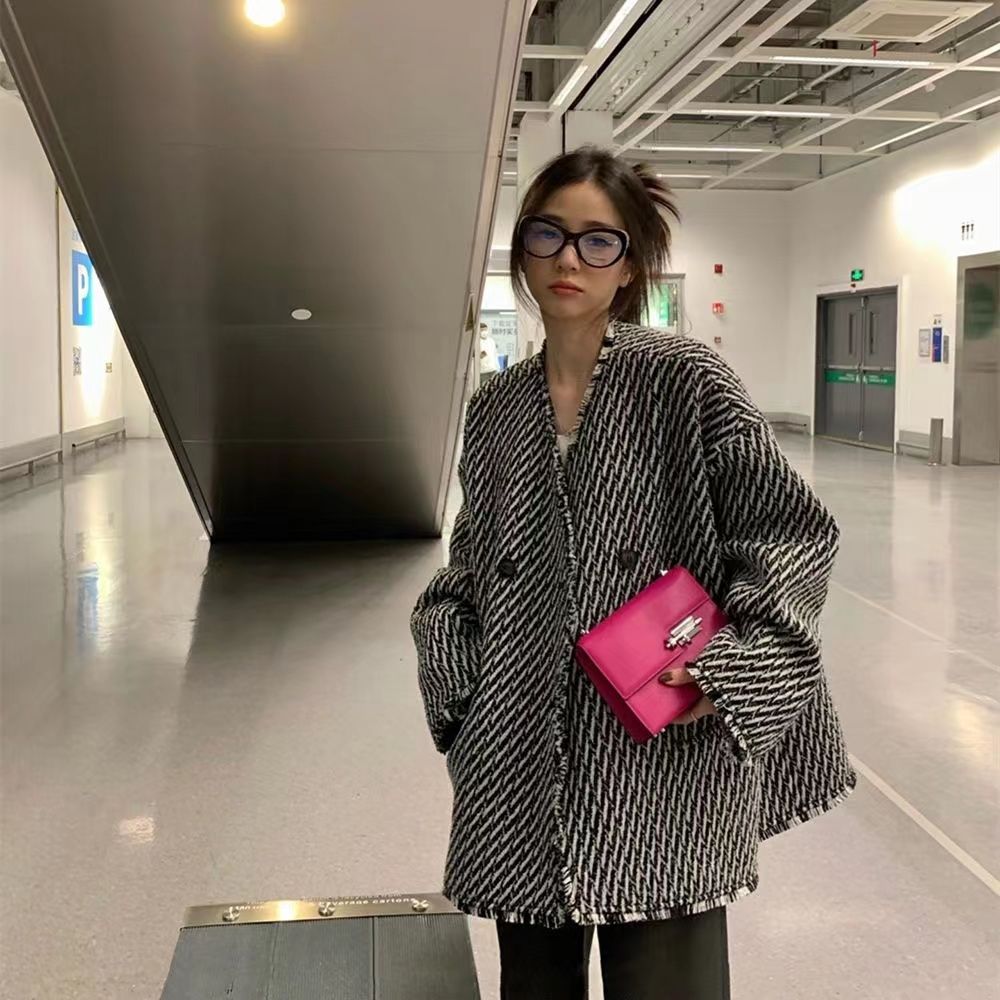 格子双排扣小香风外套女