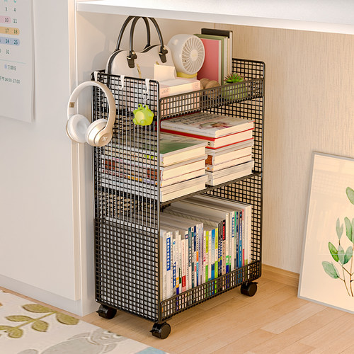 书桌旁小书架小推车落地学生书本书包收纳架可移动桌下置物架带轮