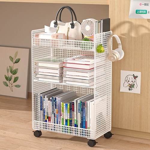 书桌旁小推车落地学生置物架书本书包收纳架可移动桌下置物架带轮
