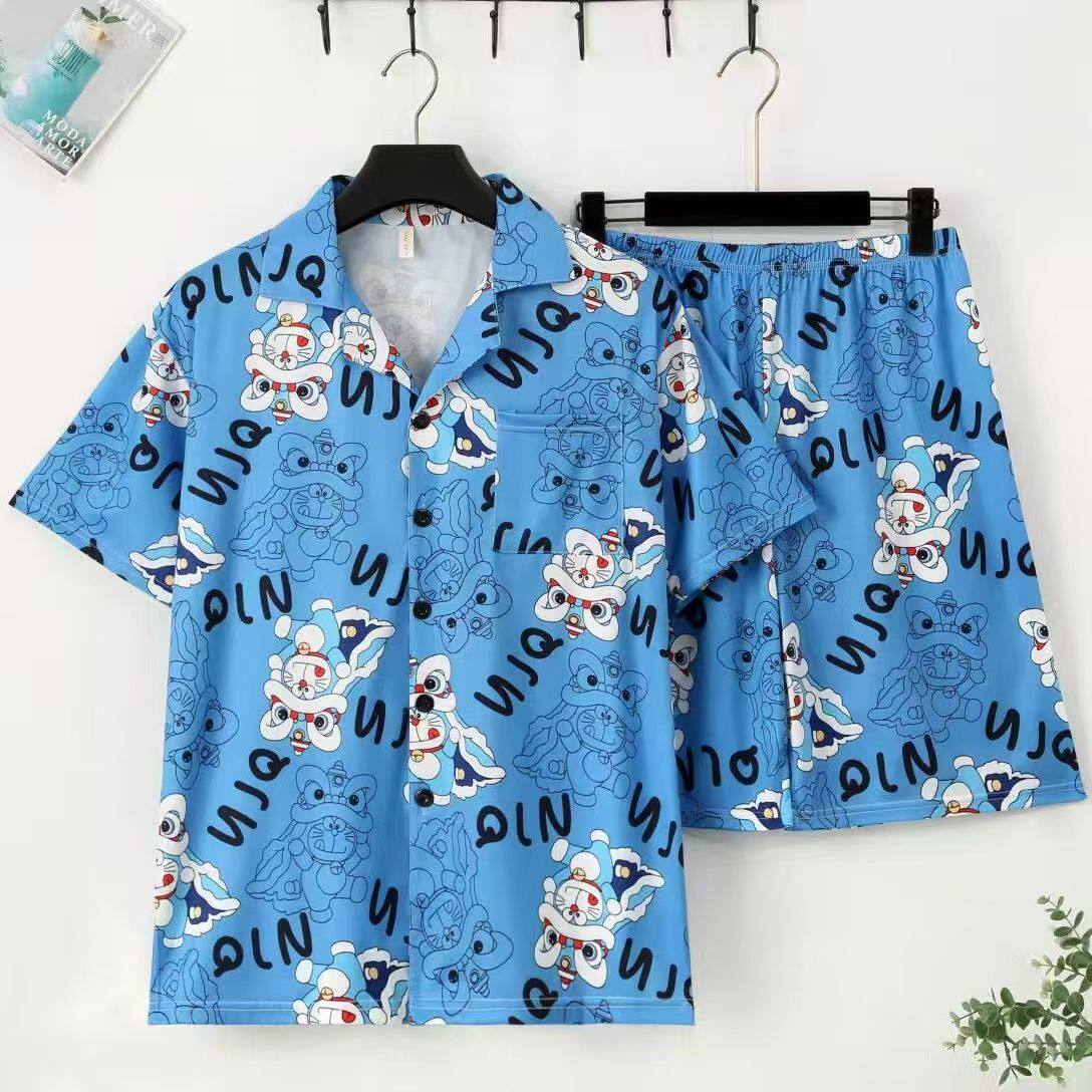 男士睡衣短袖睡衣男夏季开衫加肥加大码青少年卡通休闲家居服套装