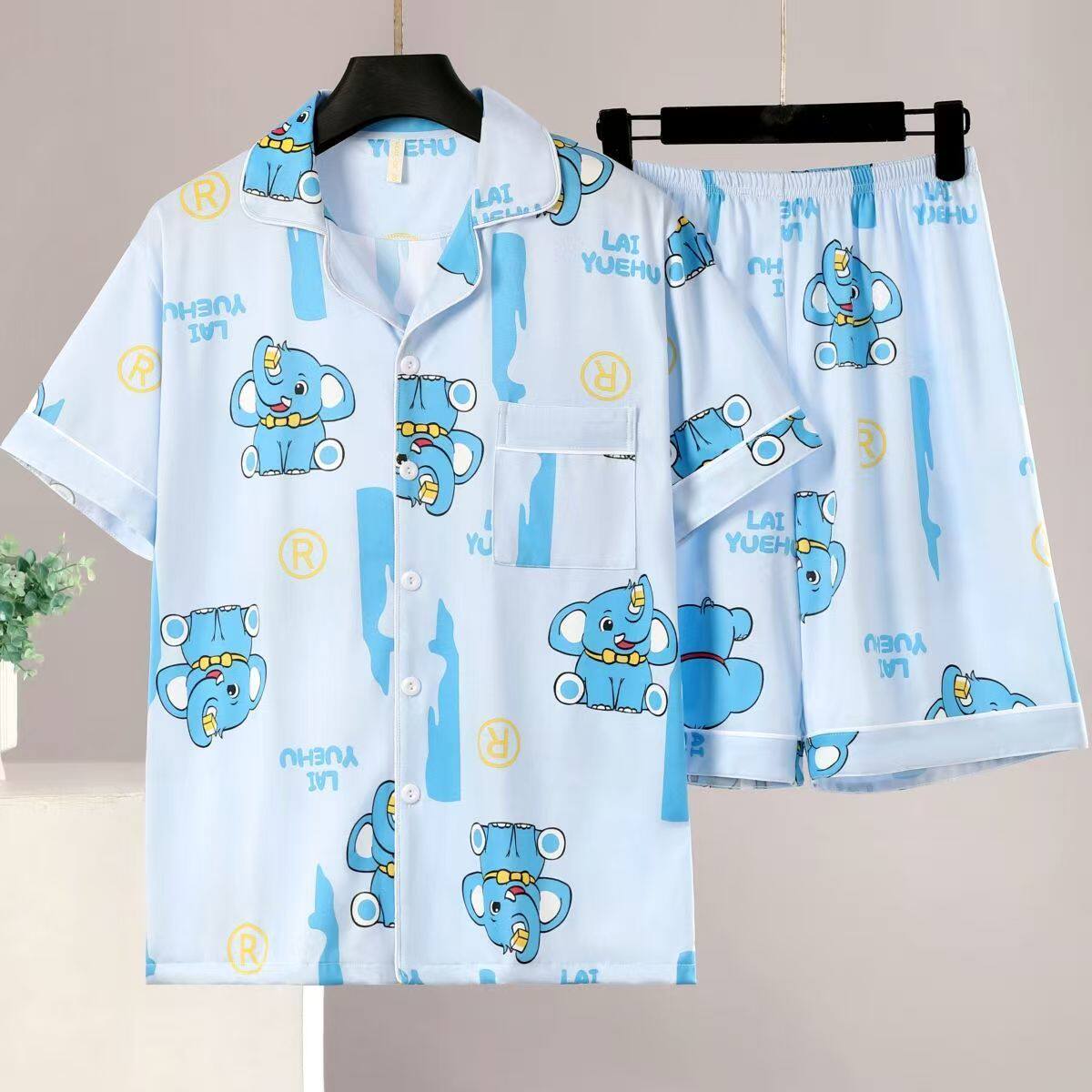 男士睡衣短袖睡衣男夏季开衫加肥加大码青少年卡通休闲家居服套装