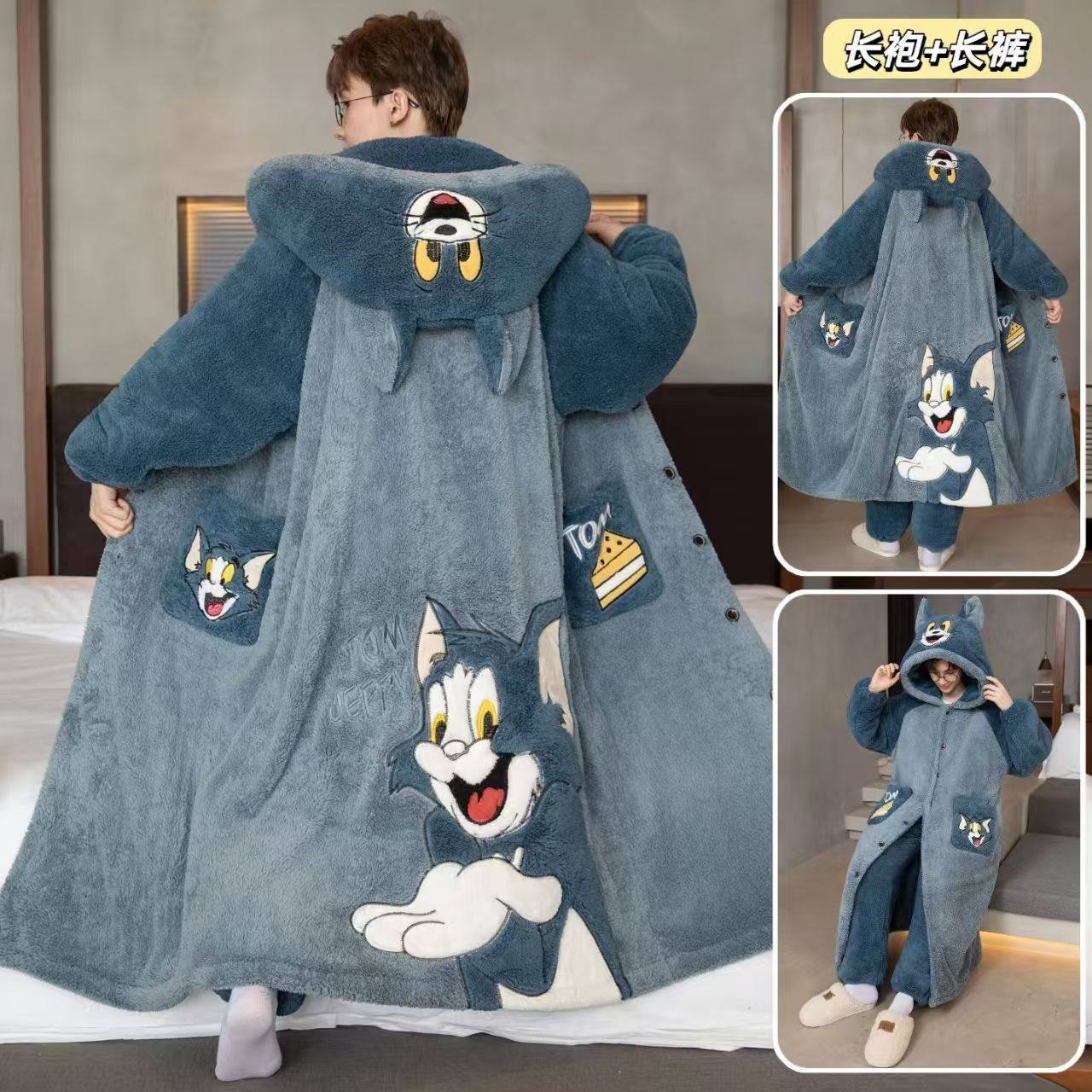 男款睡袍冬季加厚长款卡通睡衣珊瑚绒冬天男士加肥大码家居服套装