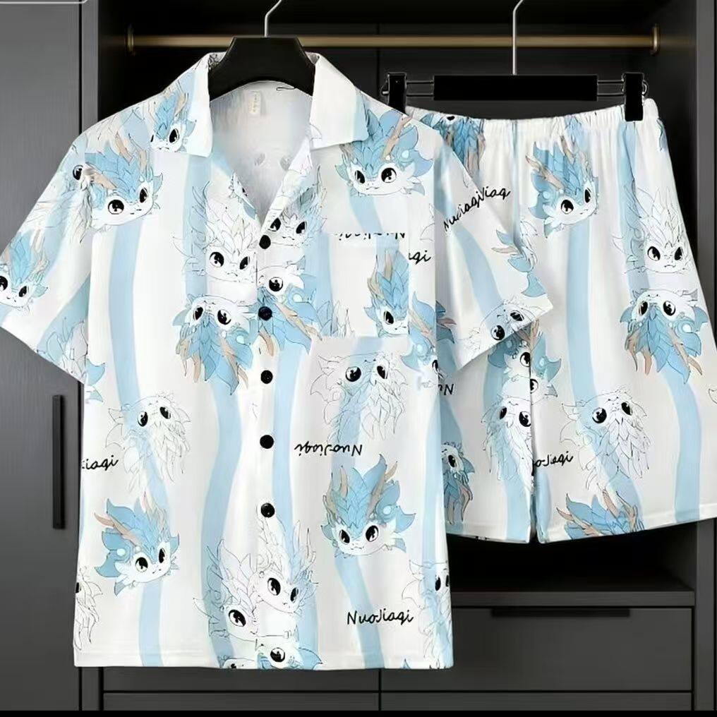 男士睡衣夏季短袖短裤卡通青少年休闲夏天薄款大码家居服学生套装