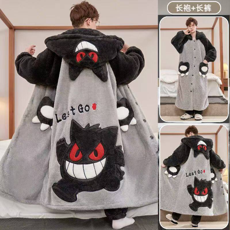 冬季珊瑚绒睡袍男加厚长款男士睡衣加肥加大码卡通加绒家居服套装