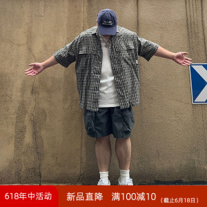 oops鹅噗丝大码薄款日系复古格纹阔形短袖衬衣加宽百搭半袖百搭胖