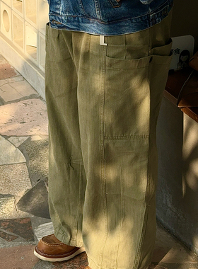 oops鹅噗丝大码大口袋工装裤人字纹休闲裤军绿色直筒长裤日系男春