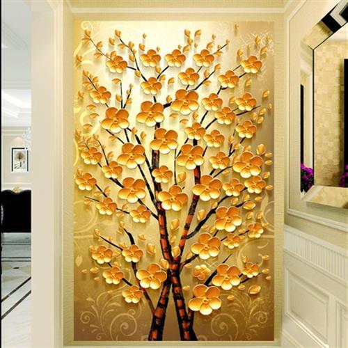定制8d立体发财树玄关壁纸壁画走廊过道墙纸客厅装饰画进门5D墙布图片