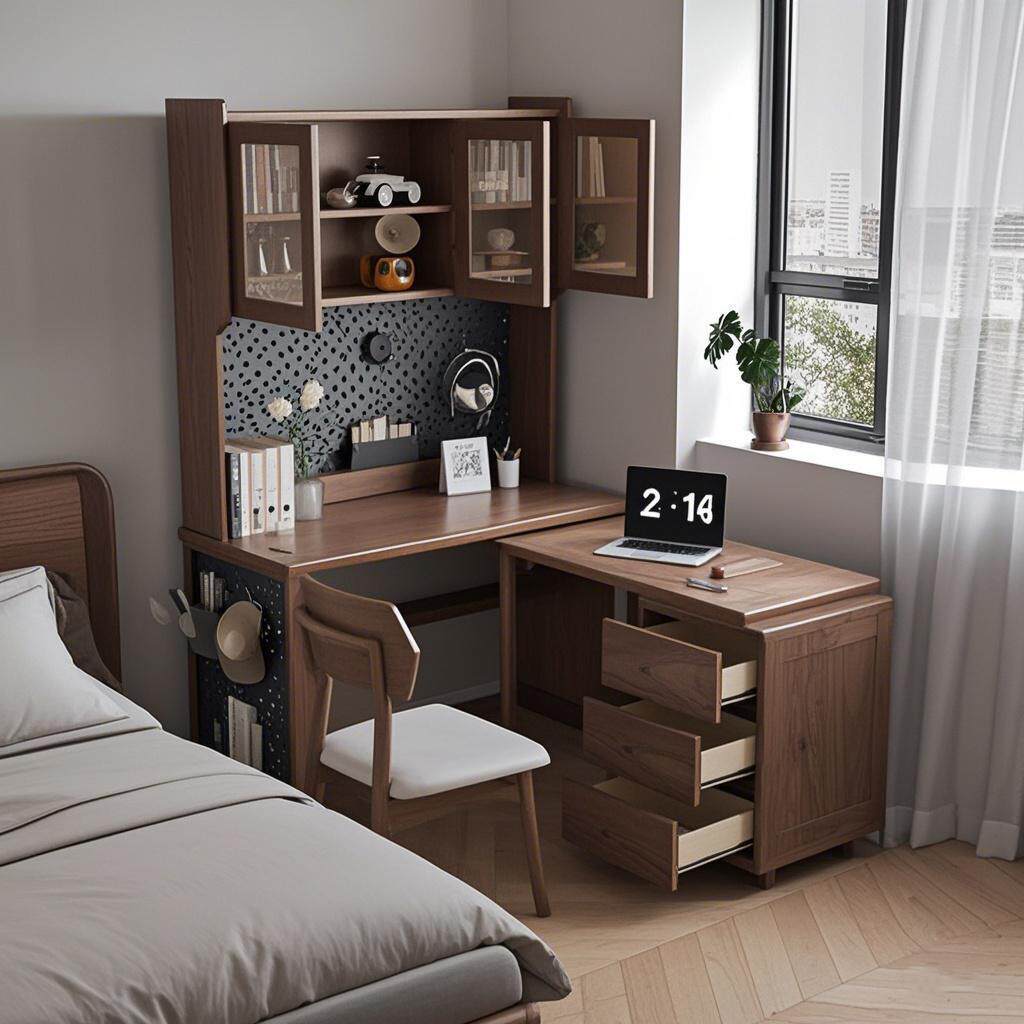 卧室多功能实木转角书桌靠墙书柜书架一体小户型床边桌家用学习桌