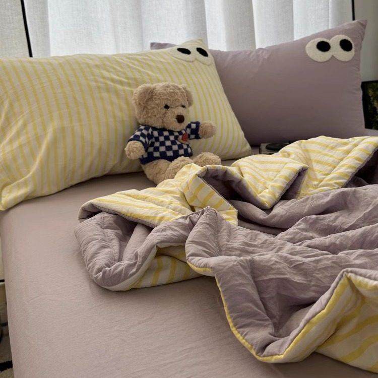 少女ins浅紫色拼条纹小眼睛毛巾绣水洗棉夏凉被四件套夏季空调被,床上用品,化纤被,淘宝优惠券,粉丝福利购,淘宝优惠卷
