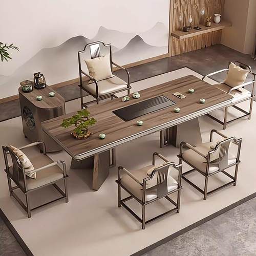 木纹岩板茶桌高端办公室茶台轻奢极简喝茶泡茶桌新中式茶桌椅组合