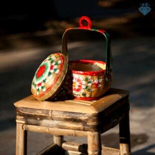 手绘春盛竹篮储物篮手工竹编篮子收纳篮婚嫁潮州花篮传统竹艺摆件