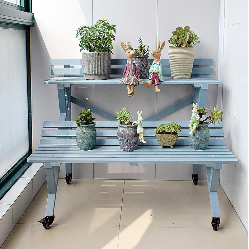 阶梯式阳台实木花架带轮可移动大花盆架带护栏防水防腐室外盆景架